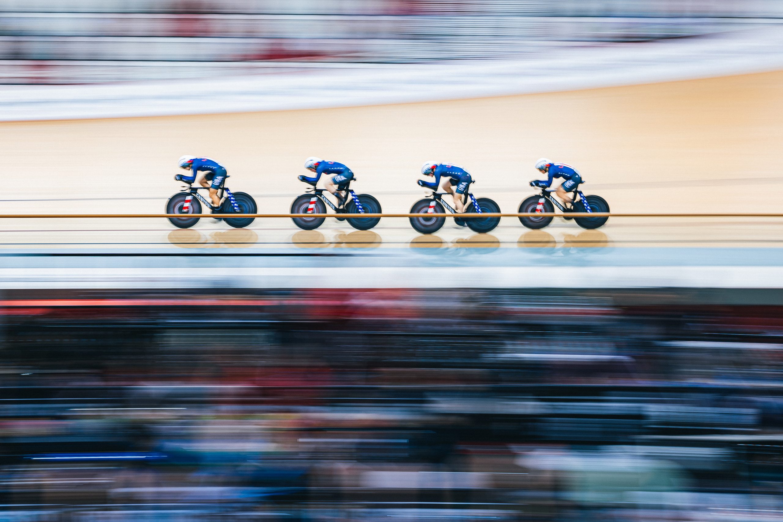 Picture by Alex Whitehead/SWpix.com - 23/02/2023 - Cycling - Tissot UCI Track Nations Cup: Round 1 - Jakarta International Velodrome, Jakarta, Indonesia - Collen Gulick, Lily Williams, Bethany Matsick and Shayna Powless of the USA in action during the Women’s Team Pursuit qualifying.